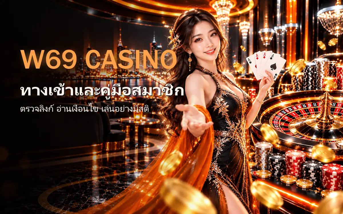 w69 casino หญิงสาวชุดดำส้มถือไพ่เอซยื่นมือเชิญชวน ข้างโต๊ะรูเล็ตและชิป ฉากเลานจ์คาสิโนยามค่ำ ภาพหน้าปกคู่มือ w69 slot ทางเข้า